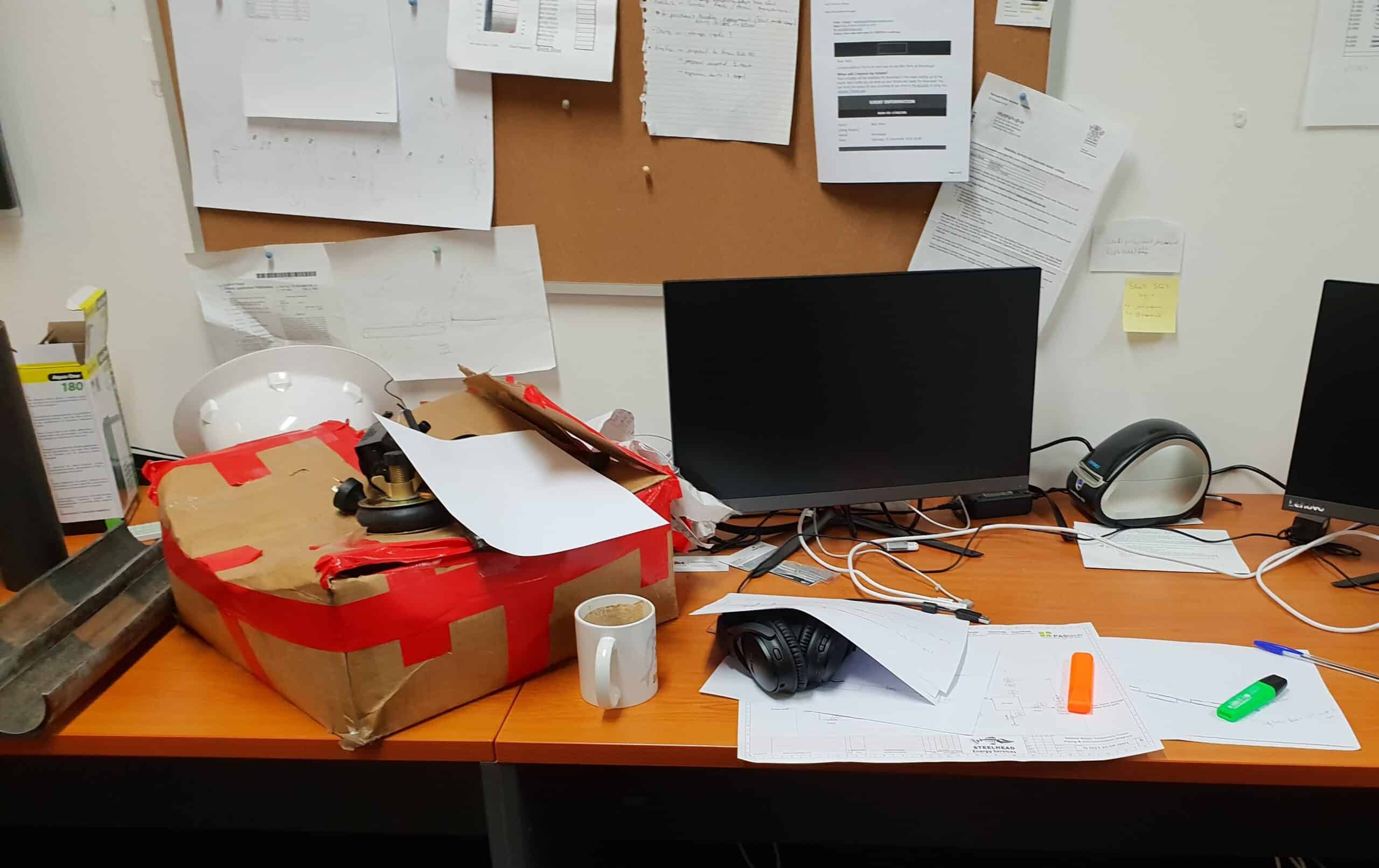 A very untidy and cluttered office desk
