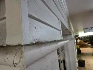 a white dirty window ledge covered in dirt and cobwebs