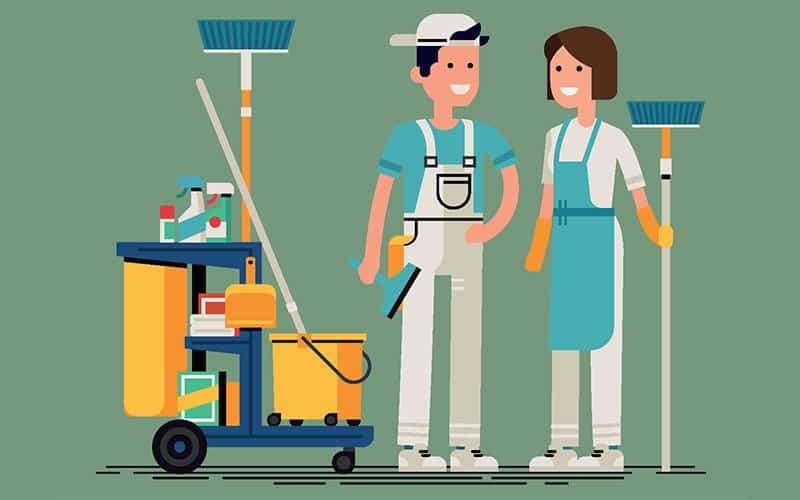 male and female professional cleaners illustration